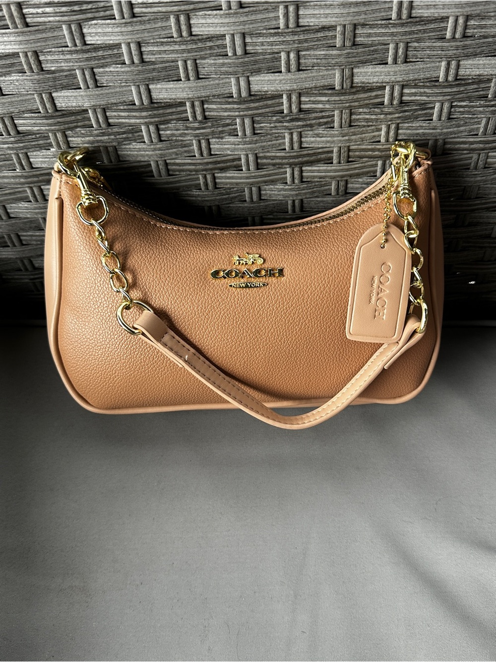 Coach Pebbled Leather Shoulder Bag in Saddle Tan with Gold Hardware